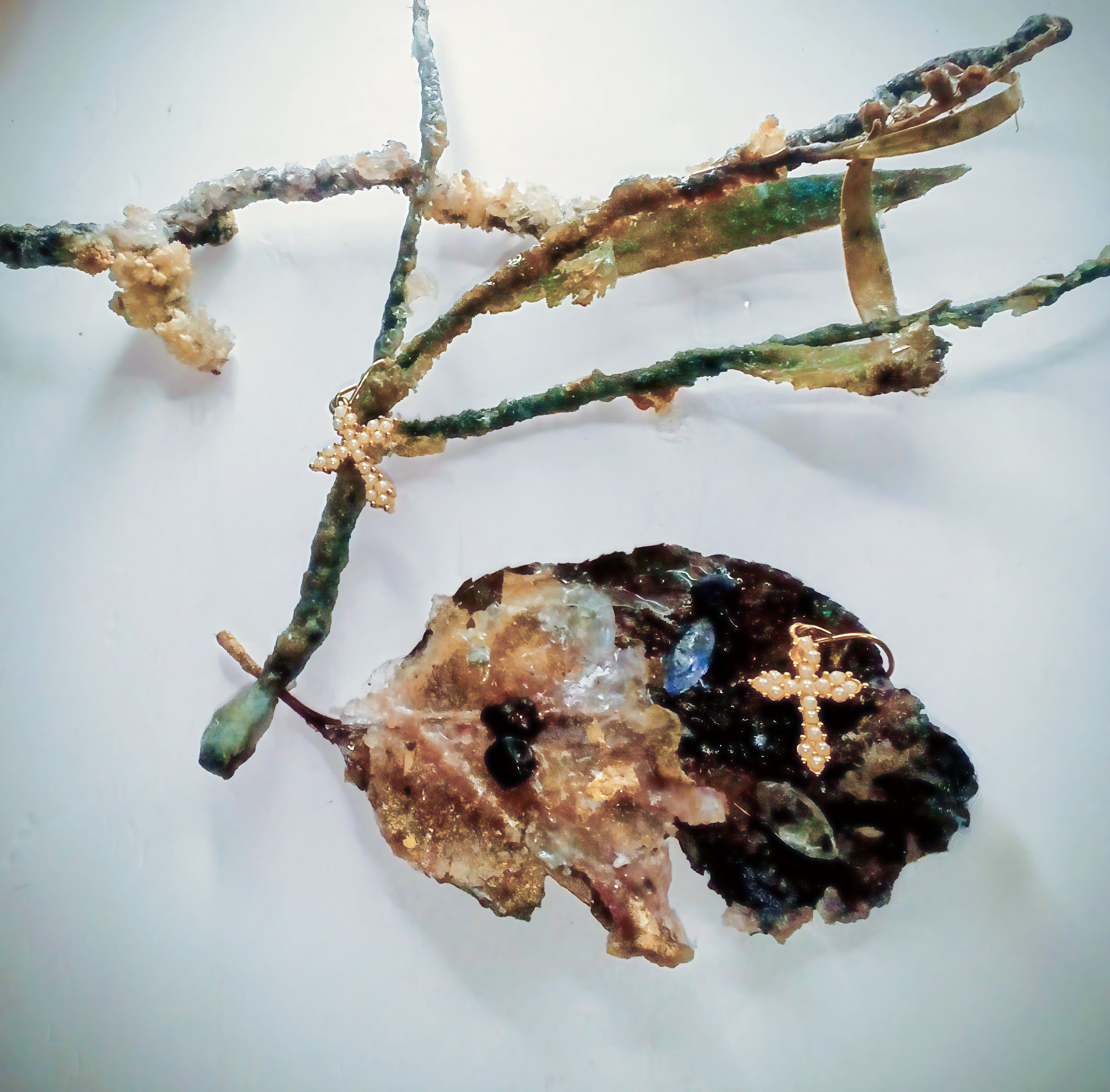 Seed Pearls in 1" Gold-Plated Gothic Cross Bezel Earrings