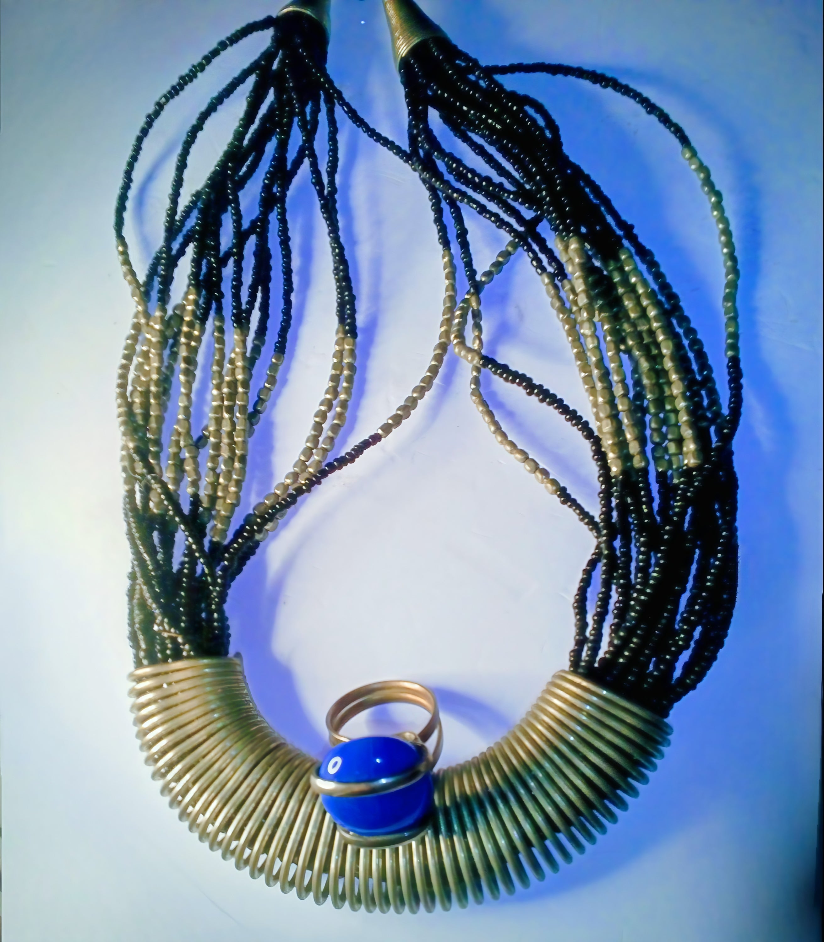 12"Boho Ethnic Jewelry set with beaded tribal necklace with Circular Stainless Steel tubular inset.