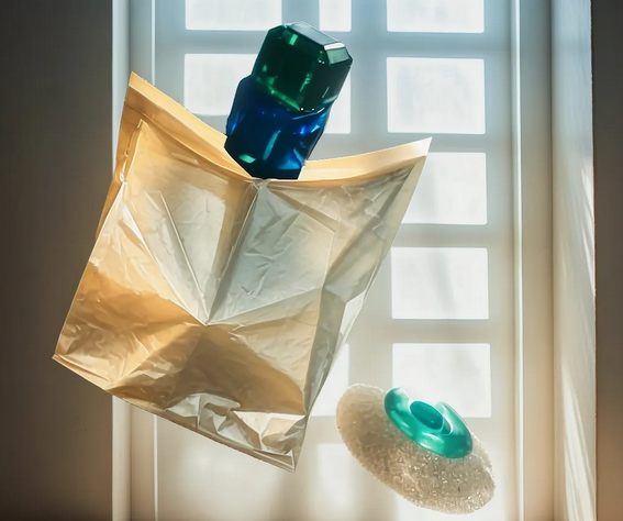 3" Sculpture Limestone Paper Bag with 3 x 5mm Cubed Lab Created Emerald And Sapphire lock