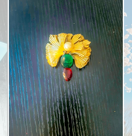 3" Gold-Plated Ginko Leaf Pendant with 6mm Cultured Pearl Inset over 5 Carat Cabachon Emerald and 5 Carat Pearl Shaped Ruby