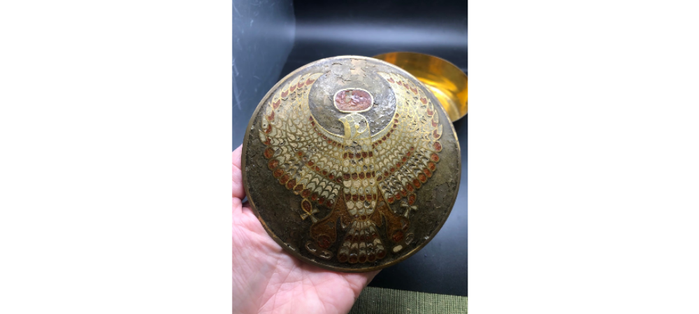 RA Egyptian God  Cloisonne lid Circular Metal Trinket Box