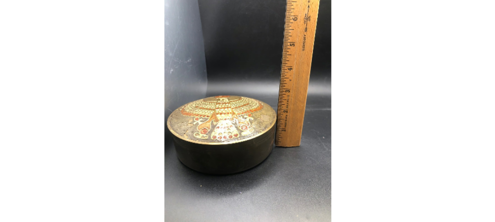 RA Egyptian God  Cloisonne lid Circular Metal Trinket Box