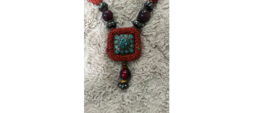 Vintage African Turquoise Coral Bead Necklace Moroccan Handmade Amulet