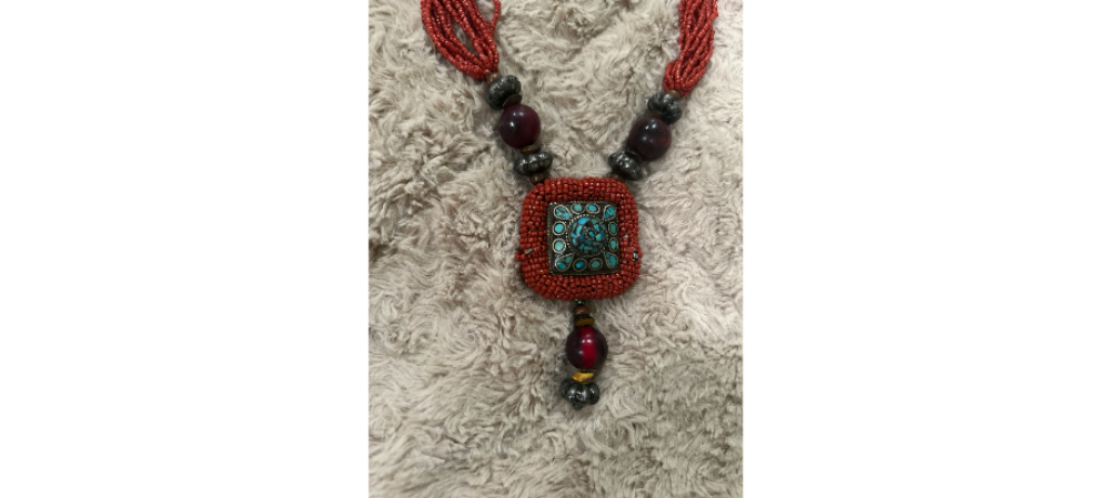 Vintage African Turquoise Coral Bead Necklace Moroccan Handmade Amulet